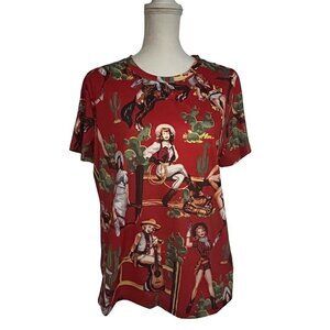 Womens Vintage Western Retro Movie Cowgirl Red Pullover T-Shirt Large Stretch